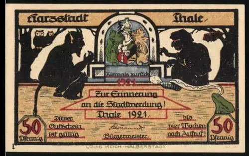 Notgeld Thale /Harz 1921, 50 Pfennig, Teufel und Mönch mit Wappen, Herz-Jesu-Kirche an der Bode