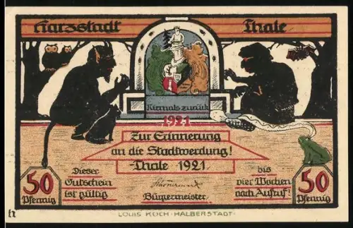 Notgeld Thale /Harz 1921, 50 Pfennig, Teufelsfiguren und Landschaftsansicht mit Hotel Zehnpfund