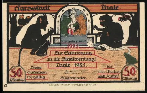 Notgeld Thale /Harz 1921, 50 Pfennig, Stadtsilhouetten mit Tieren und Schlossansicht