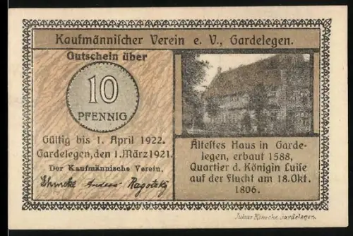 Notgeld Gardelegen 1921, 10 Pfennig, Ältestes Haus in Gardelegen, Porträt von Otto Reutter