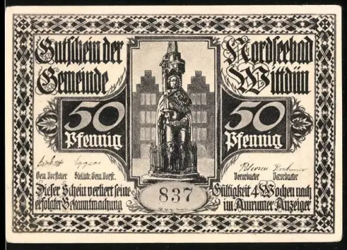 Notgeld Wittdün 1921, 50 Pfennig, Rolandstatue und Hügelgrab bei Wittdün