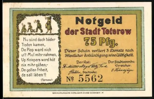Notgeld Teterow, 75 Pfennig, Humoristische Szene mit Kiepenkerl und Gedicht von Tanow