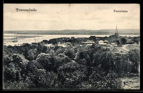 AK Travemünde, Panorama mit Kirche