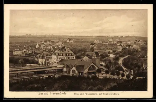AK Travemünde, Blick vom Wasserturm auf Neutravemünde und Bahnhof