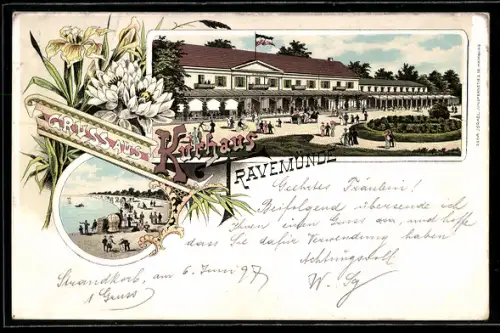 Lithographie Travemünde, Kurhaus, Strandpartie, Blumen