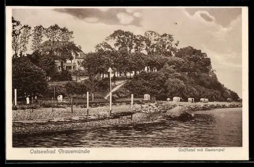 AK Travemünde, Golfhotel mit Seetempel vom Wasser aus, Strandkörbe