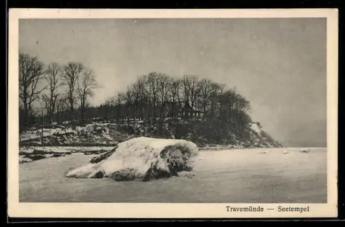 AK Travemünde, Restaurant-Cafe Seetempel K. Schickedanz mit Umgebung im Winter