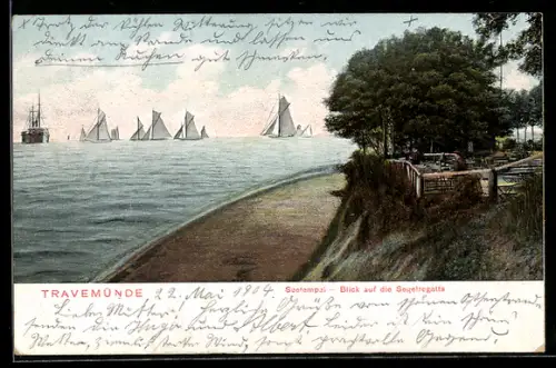 AK Travemünde, Gasthaus Seetempel, Terrasse mit Blick auf Segelregatta