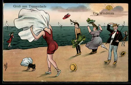 Künstler-AK Travemünde, Ein Windstoss, Humoristische Strandszene