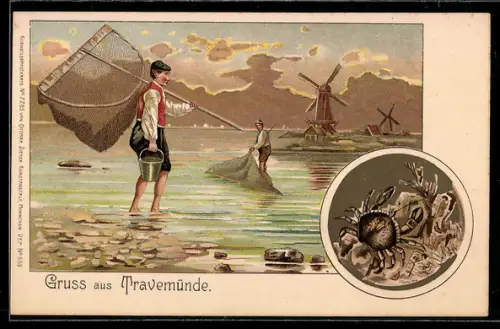 Lithographie Travemünde, Krabbenfischer im knöchelhohen Wasser, Im Hintergrund Windmühlen