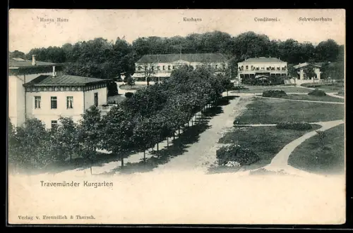 AK Travemünde, Travemünder Kurgarten mit Kurhaus, Konditorei und Hansa Haus