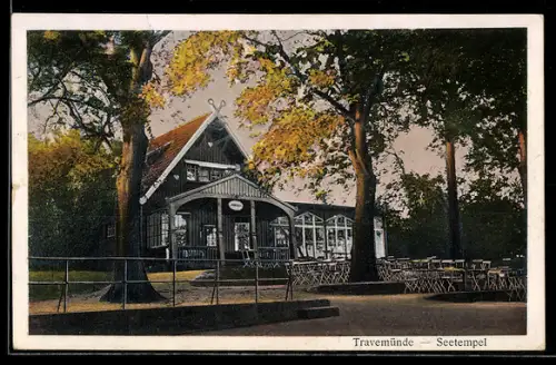 AK Travemünde, Gartenpartie am Gasthaus Seetempel, Inh. Karl Schickedanz
