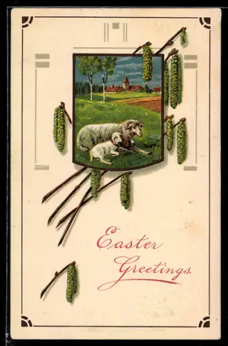 AK Schaf und Osterlamm auf einer Wiese, Ostern