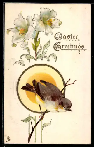 Präge-AK Vogel sitzt auf einem Zweig, Lilien, Ostern