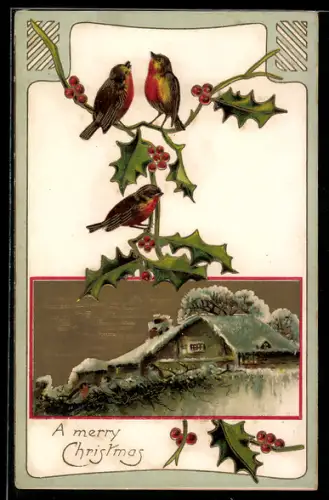 Präge-AK Rotkehlchen auf einem Stechpalmenzweig, Weihnachten
