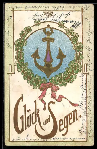 AK Kranz aus Kleeblättern mit Anker, Glück und Segen
