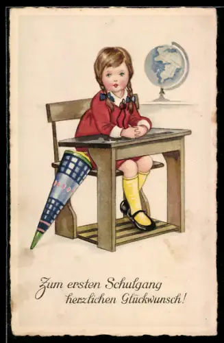 AK Junges Mädchen sitzt brav an ihrem ersten Schultag am Schultisch