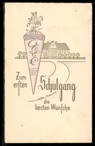 AK Schultüt mit Schulhaus im Hintergrund