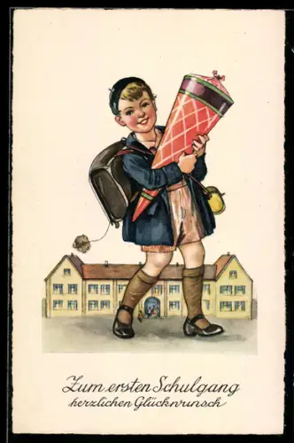 AK Kleiner Junge mit Schultüte vor dem Schulhaus, Schulanfang