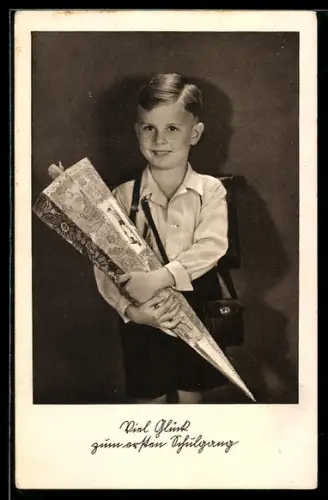 AK Kleiner Junge mit Schultüte und Schulranzen