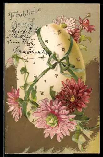 Präge-AK Ostern, Osterei verziert mit Blumen