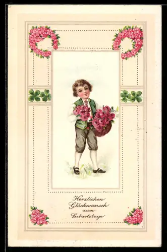AK Junge mit Korb voller roter Rosen, Geburtstag