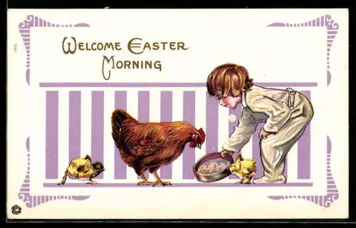 AK Kleines Kind füttert Osterküken