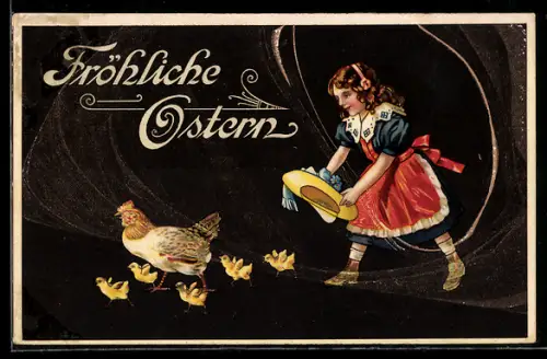 AK Mädchen mit Hut läuft Osterküken hinterher