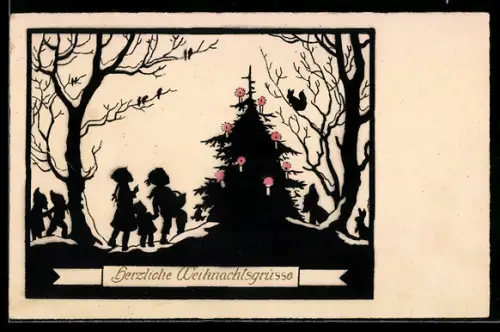 AK Zwerge und Kinder mit einem Weihnachtsbaum im Wald