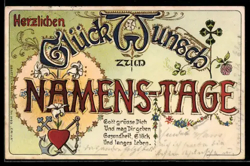 AK Herzlichen Glückwunsch zum Namenstage, Schriftkunst mit Goldrahmen, Herz und Klee