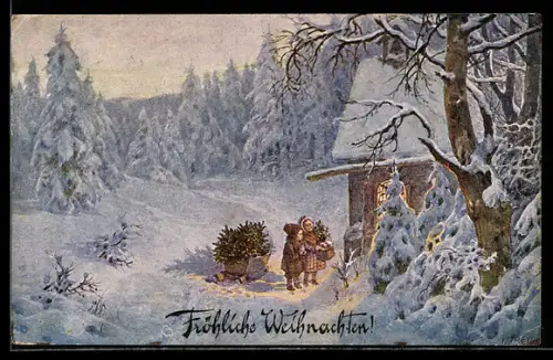 AK Kinder mit Geschenken im Schnee vor einem Haus