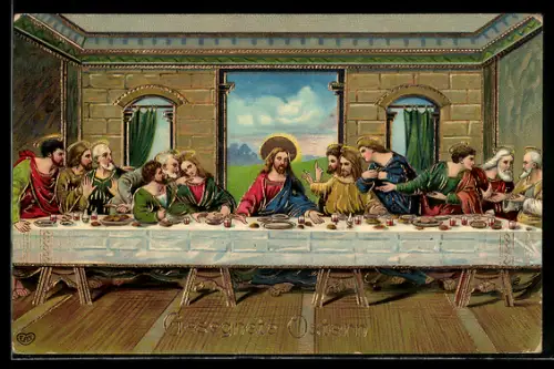 AK Jesus mit den Jüngern, Ostern