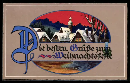 AK Verschneite Dorfpartie am Abend, Weihnachten