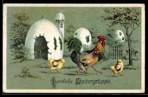 AK Hahn und Henne mit Osterküken