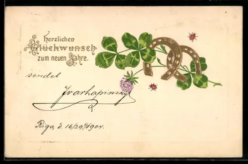 Präge-AK Hufeisen mit Klee, Neujahr