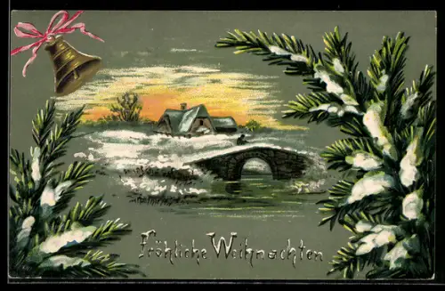 Präge-AK Verschneite Brücke und Stadt, Tannenzweige, Weihnachten