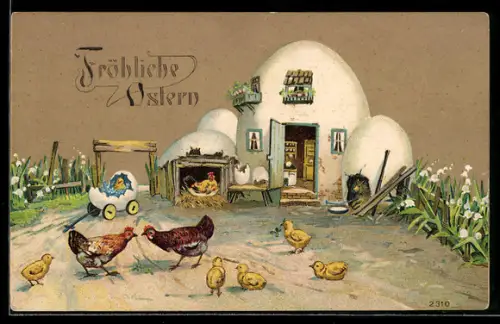 Präge-AK Osterküken und Hühner im Ostereier-Dorf