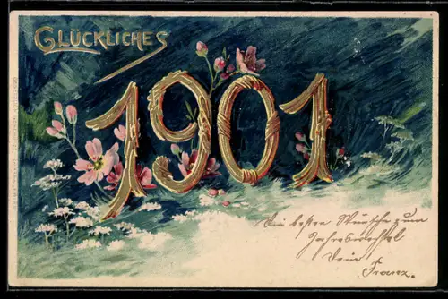 Lithographie Glückliches Neujahr 1901