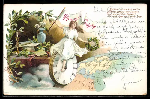 Lithographie Prosit Neujahr, Dame fährt auf Uhr über den Globus