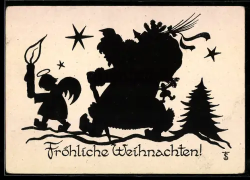 AK Weihnachtsengel und Weihnachtsmann stapfen durch den Schnee