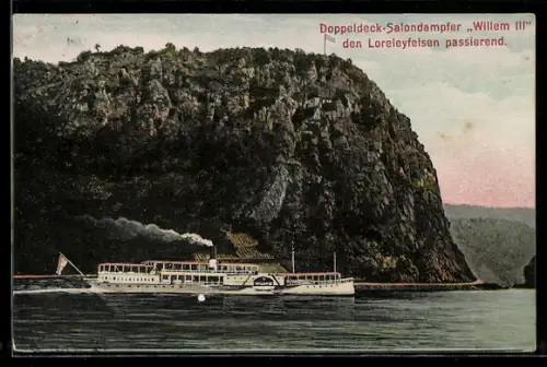 AK Salondampfer Willem III. den Loreleyfelsen passierend