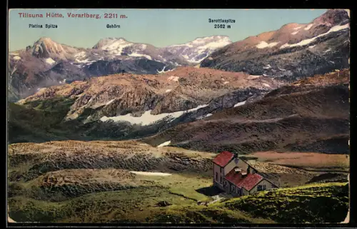 AK Tilisuna Hütte /Vorarlberg, Berghütte mit der Platina Spitze, Gehörn und Sarottlaspitze