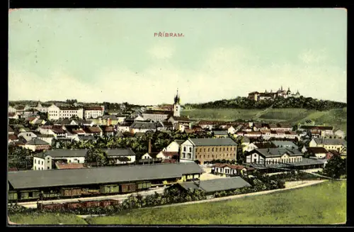 AK Pribram, Ortsansicht mit Bahnhof