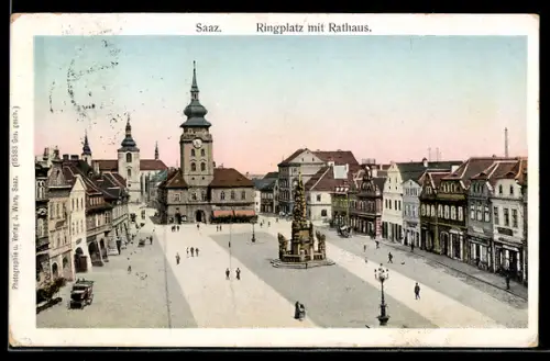 AK Saaz, Ringplatz mit Rathaus