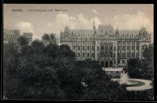 AK Stettin, Viktoriaplatz mit Rathaus