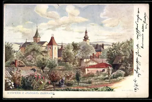 Künstler-AK Kysperk, Ortsansicht mit Kirche