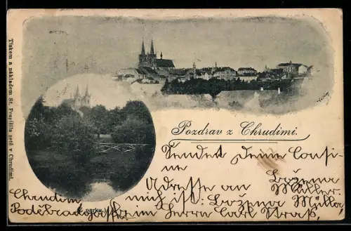 AK Chrudim, Ortsansicht mit Kirche, Partie im Park