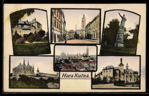 AK Hora Kutná, Strassenpartie mit Geschäften, Kirche, Burg, Denkmal