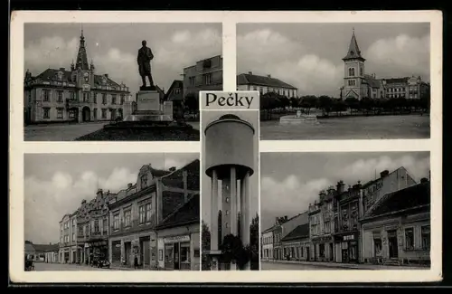 AK Pecky, Strassenpartien, Denkmal, Wasserturm