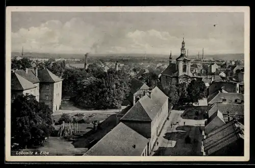 AK Lobositz a. Elbe, Ortsansicht mit Kirche und Fabrik